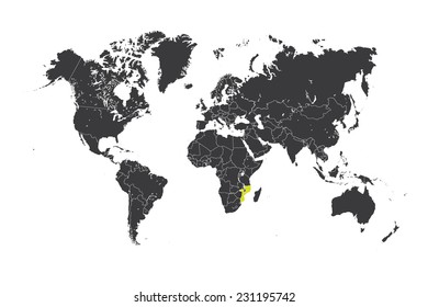 A Map of the world with a selected country of Mozambique