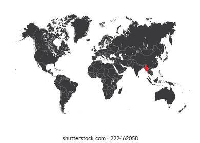 A Map of the world with a selected country of Myanmar