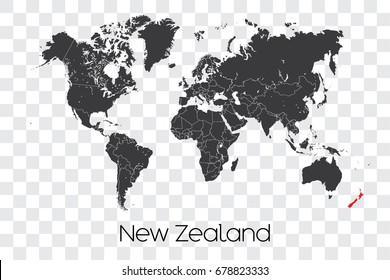 A Map of the World with the Selected Country of New Zealand