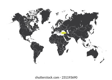 A Map of the world with a selected country of Turkey