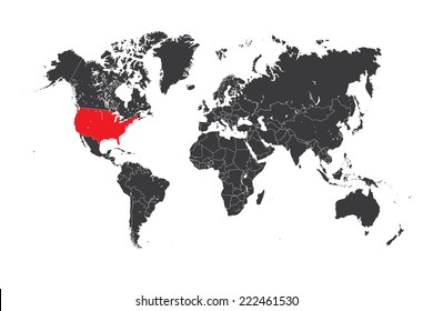 A Map of the world with a selected country of United States of America