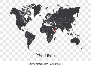 A Map of the World with the Selected Country of Yemen