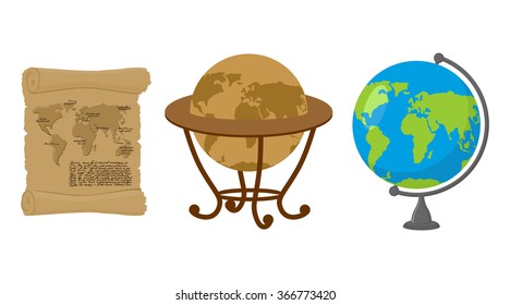 Map of world. Set of map Earth. Ancient scroll with drawing of continents and oceans. Retro Antique Globes. Geographic globe of Earth.