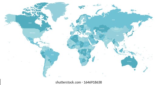 Mapa del mundo en tonos azules. Mapa político de alto detalle con nombres de países. Ilustración vectorial.