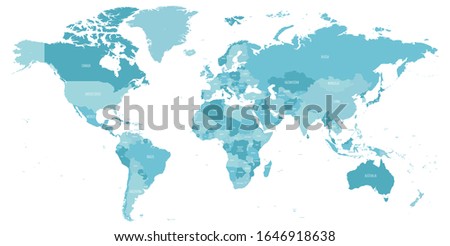 Map of World in shades of blue. High detail political map with country names. Vector illustration.