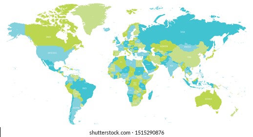 Map of World in shades of green and blue. High detail political map with country names. Vector illustration.