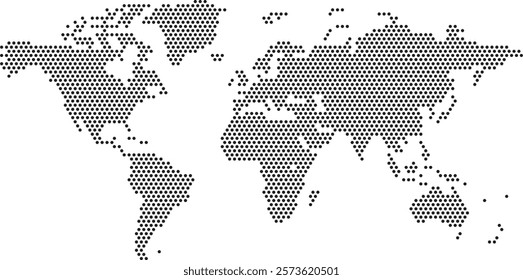 A map of the world is shown in black and white. The map is made up of small dots, giving it a pixelated appearance. The map is focused on the continents and oceans, with the United States