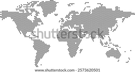 A map of the world is shown in black and white. The map is made up of small dots, giving it a pixelated appearance. The map is focused on the continents and oceans, with the United States