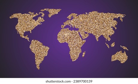 Mapa del Mundo. Silhouette de continentes. Polvo dorado que ensucia.