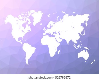 Map of World silhouette on blue-violet gradient low poly background of triangles mosaic. Simple white vector illustration on polygonal shape backdrop.