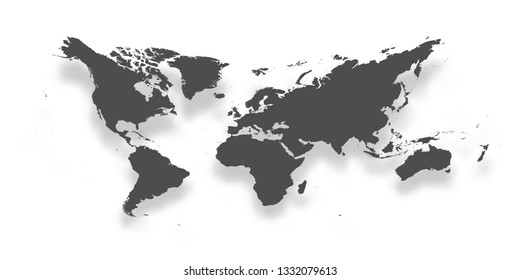 Map of World. Simple dark grey gradient silhouette with dropped shadow isolated on white background. Vector illustration.