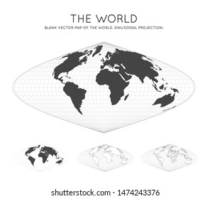 Map of the World. Sinusoidal projection. Globe with latitude and longitude lines. World map on meridians and parallels background. Vector illustration.