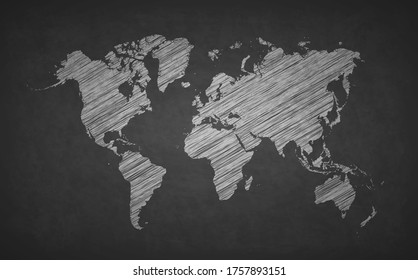 Map world sketch line. Hand drawn chalk on blackboard. Outline digital dotted world map. Worldmap global. Earth globe. Worldwide continents drawing on chalkboard. Designs planet for travel. Vector