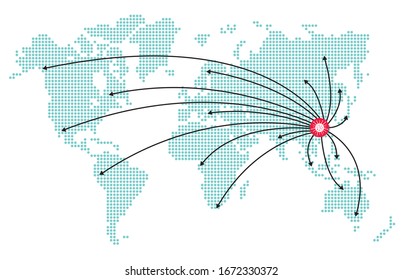 Map of the world and the spread of the virus. Flat vector illustration isolated on white background.