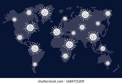 Map of the world and the spread of the virus. Flat vector illustration on dark blue background.