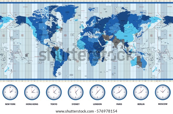 Map of\
the world standard time zones in blue\
colors