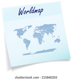 Map of world as sticky note in blue
