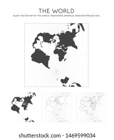 Map of the world. Transverse spherical Mercator projection. Globe with latitude and longitude lines. World map on meridians and parallels background. Vector illustration.
