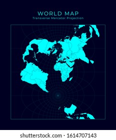 Map of the World. Transverse spherical Mercator projection. Futuristic infographic world illustration. Bright cyan colors on dark background. Authentic vector illustration.