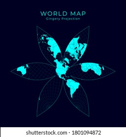 Map of The World. The U.S.-centric Gingery world projection. Futuristic Infographic illustration. Bright cyan colors on dark background. Elegant vector illustration.