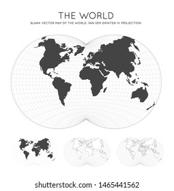 Map of The World. Van der Grinten IV projection. Globe with latitude and longitude lines. World map on meridians and parallels background. Vector illustration.