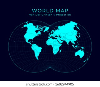 Map of The World. Van der Grinten IV projection. Futuristic Infographic world illustration. Bright cyan colors on dark background. Charming vector illustration.