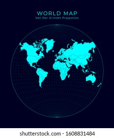 Map of The World. Van der Grinten projection. Futuristic Infographic world illustration. Bright cyan colors on dark background. Awesome vector illustration.