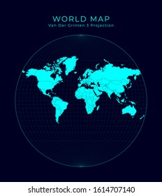 Map of The World. Van der Grinten III projection. Futuristic Infographic world illustration. Bright cyan colors on dark background. Captivating vector illustration.