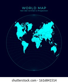 Map of The World. Van der Grinten II projection. Futuristic Infographic world illustration. Bright cyan colors on dark background. Beautiful vector illustration.