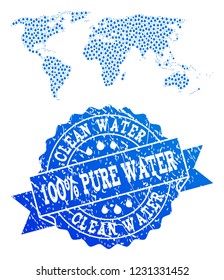 Map of world vector mosaic and clean water grunge stamp. Map of world composed with blue aqua drops. Seal with grunge rubber texture for clean drinking water.