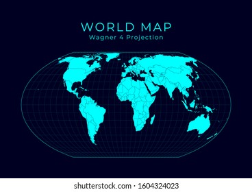 Map of The World. Wagner IV projection. Futuristic Infographic world illustration. Bright cyan colors on dark background. Cool vector illustration.