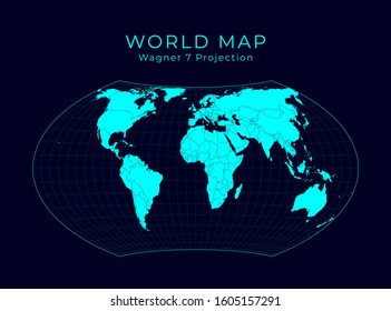 Map of The World. Wagner VII projection. Futuristic Infographic world illustration. Bright cyan colors on dark background. Elegant vector illustration.