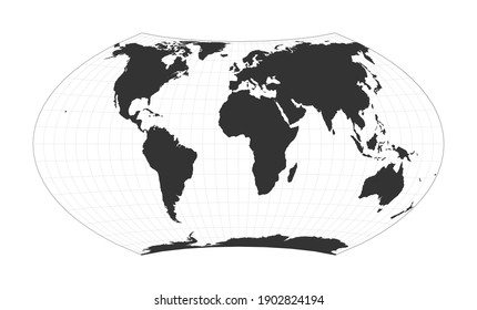 Mapa del mundo. Proyección Wagner VII. Globo con red de latitud y longitud. Mapa mundial sobre los meridianos y fondo paralelo. Ilustración vectorial.