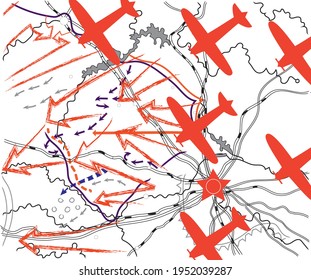 Mapa de la Segunda Guerra Mundial con la dirección de la ofensiva del ejército y siluetas rojas de aviones voladores