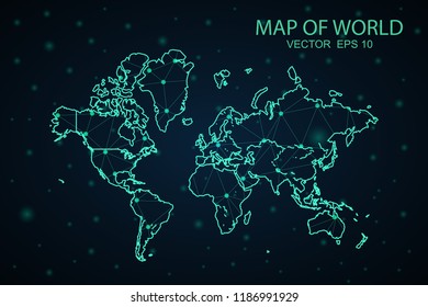 Map World. Wire Frame 3D mesh polygonal network line, design sphere,World map on dark background. Vector illustration eps 10.