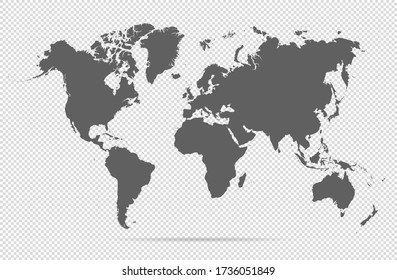 Map world. Worldwide globe. Worldmap global. Grey continents on transparent background. Simple flat gray silhouette map world. Planet earth. Editable continents for travel design. Geography map world