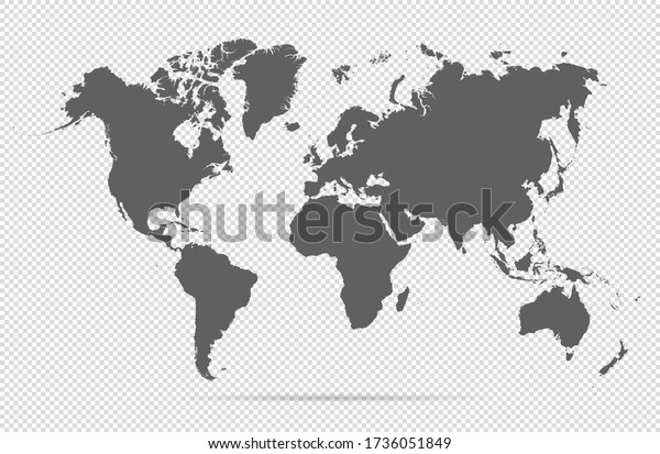 Map world. Worldwide globe. Worldmap global. Grey\
continents on transparent background. Simple flat gray silhouette\
map world. Planet earth. Editable continents for travel design.\
Geography map world