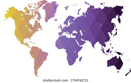 Mapa del Mundo. Gradiente amarillo-violeta bajo de poli de formas hombus. Diseño poligonal vectorial moderno.