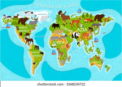 Map of the world's animals with the names of the continents