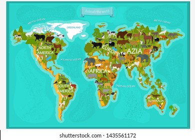 Map of the world's animals with the names of the continents	