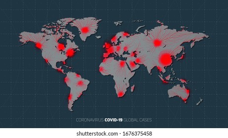 Map of worldwide Coronavirus pandemia spread. Warning of virus global outbreak. Virus structure on a planet Earth background with stars. International infectione. Vector illustration.