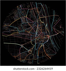 Map of Worms, Rheinland-Pfalz with all major and minor roads, railways and waterways. Colorful line art on black background.