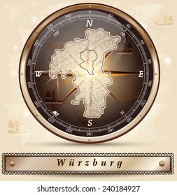 Map of Wuerzburg with borders in bronze