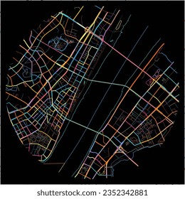 Map of Wuhan, Hubei with all major and minor roads, railways and waterways. Colorful line art on black background.