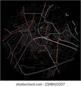Map of Wunstorf, Lower Saxony with all major and minor roads, railways and waterways. Colorful line art on black background.