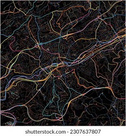 Map of Wuppertal, North Rhine-Westphalia with all major and minor roads, railways and waterways. Colorful line art on black background.