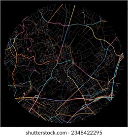 Map of Wurselen, North Rhine-Westphalia with all major and minor roads, railways and waterways. Colorful line art on black background.