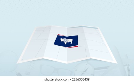 Map of Wyoming with the flag of Wyoming in the contour of the map on a trip abstract backdrop. Travel illustration.