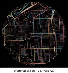 Map of Wyoming, Michigan with all major and minor roads, railways and waterways. Colorful line art on black background.