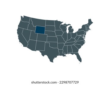 Map of Wyoming on USA map. Map of Wyoming highlighting the boundaries of the state of Wyoming on the map of the United States of America.